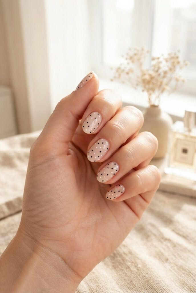 Short almond nails with nude base and tiny black and white polka dots