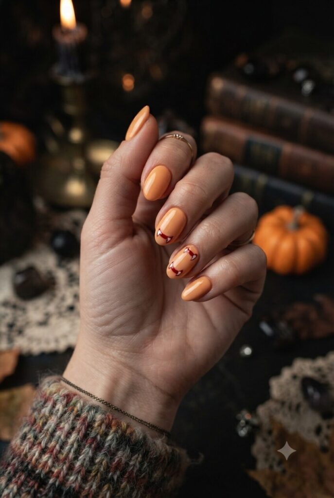 Short almond nails with soft orange base and tiny red vampire fang accents