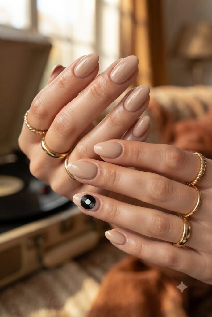 Short almond nails with nude base and tiny black vinyl record accent