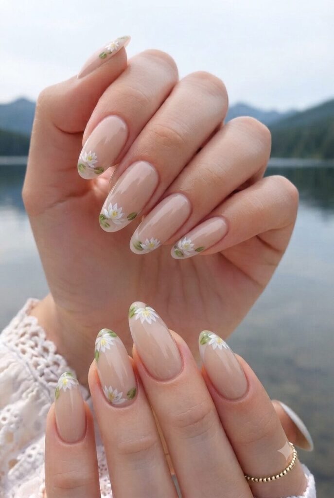Short oval nails with pale blue base and tiny white water lily accents
