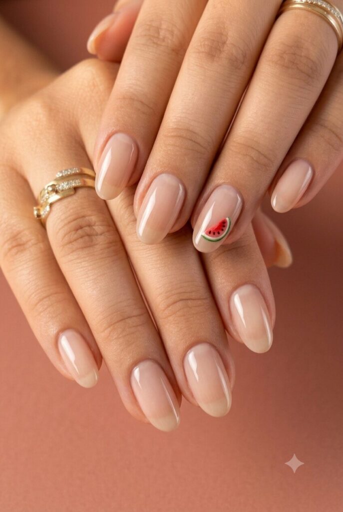 Short oval nails with nude base and tiny watermelon slice accent