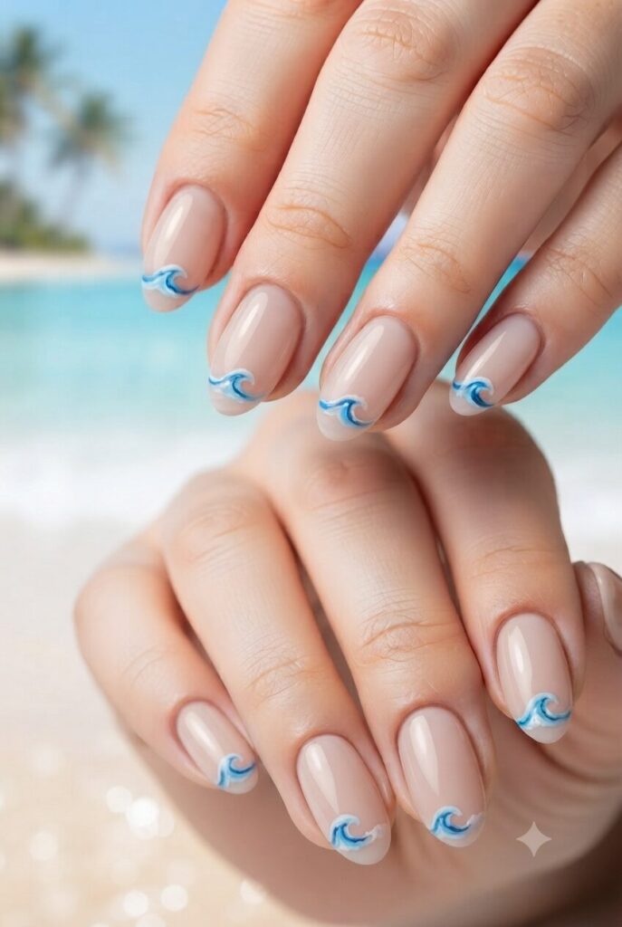 Short almond nails with nude base and tiny blue wave accents