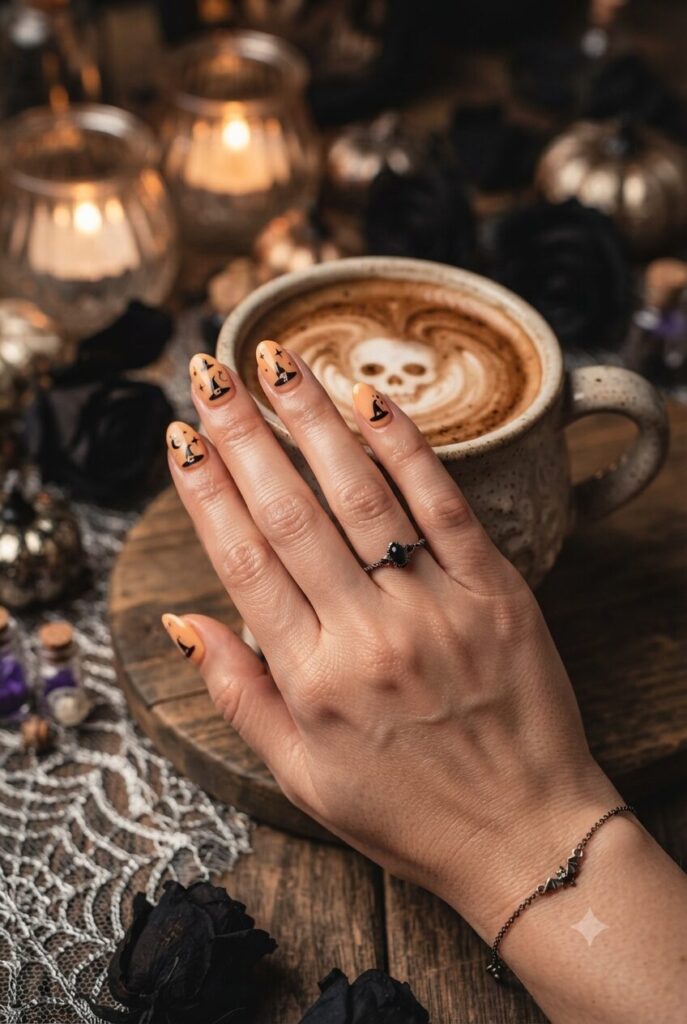 Short almond nails with soft orange base and tiny black witch hat accents