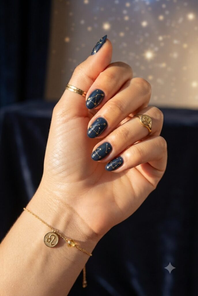 Short almond nails with navy base and gold Leo constellation dots