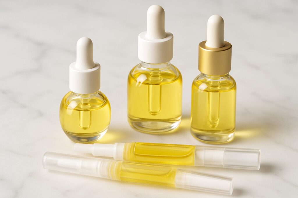 Top cuticle oil bottles for damaged nails arranged on marble surface