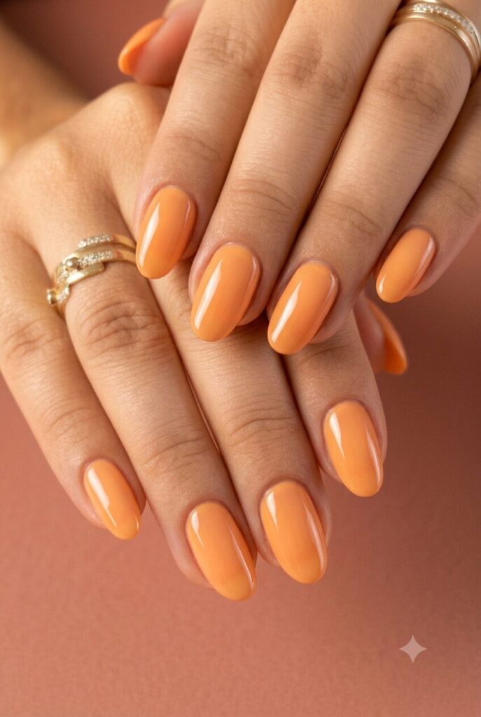 Short oval nails with warm apricot glazed glossy finish