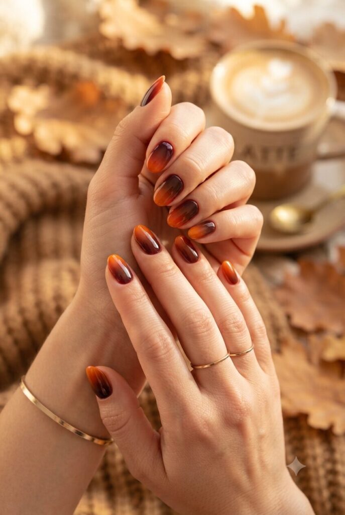 Short almond nails with orange brown red and burgundy gradient ombre