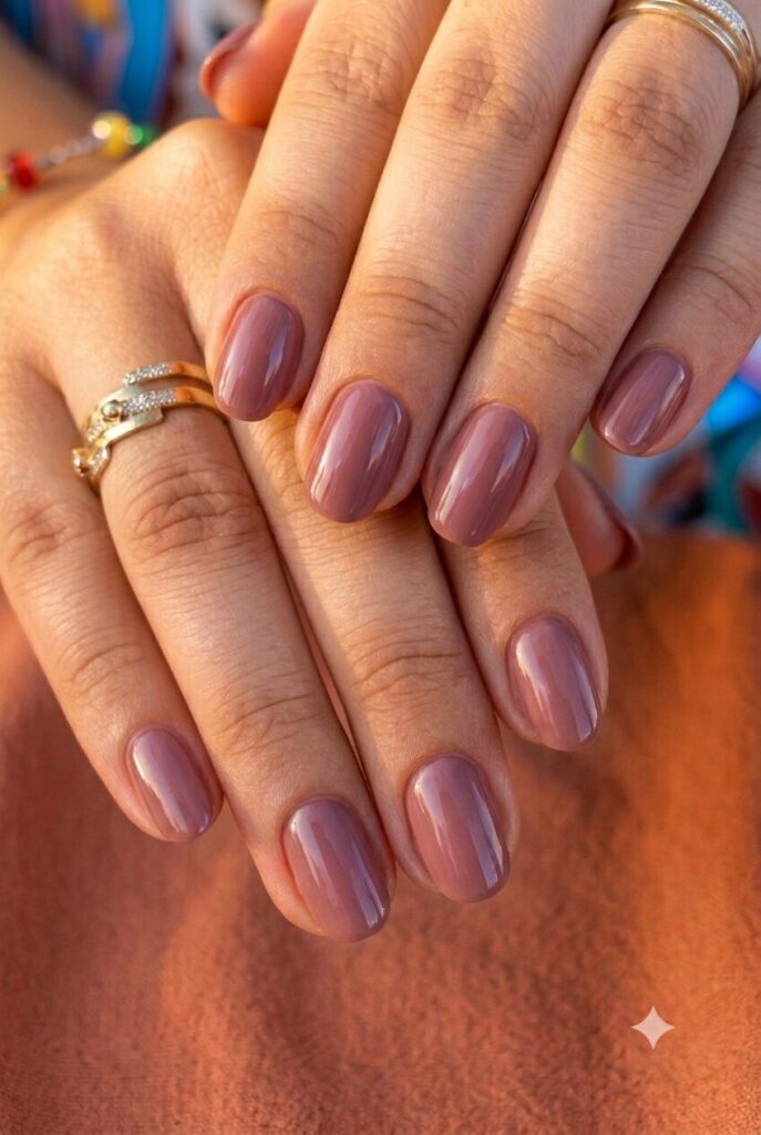 Short oval nails with glossy warm mauve classy polish