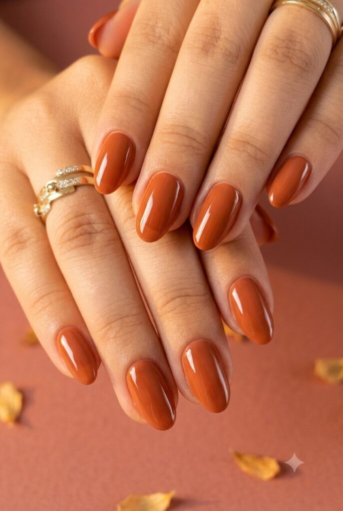 Short oval nails with glossy warm terracotta earthy polish