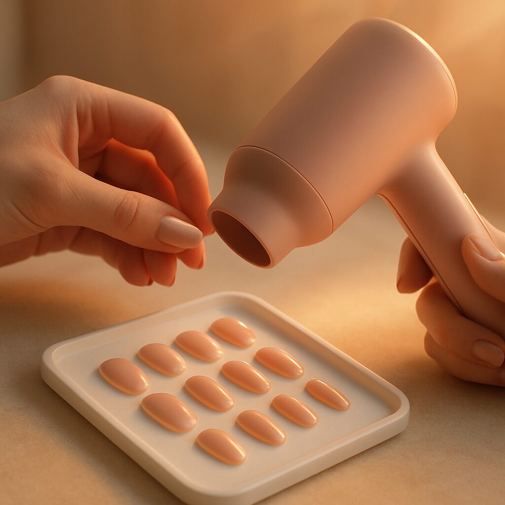 Warming press on nails with a hairdryer to improve adhesive bond