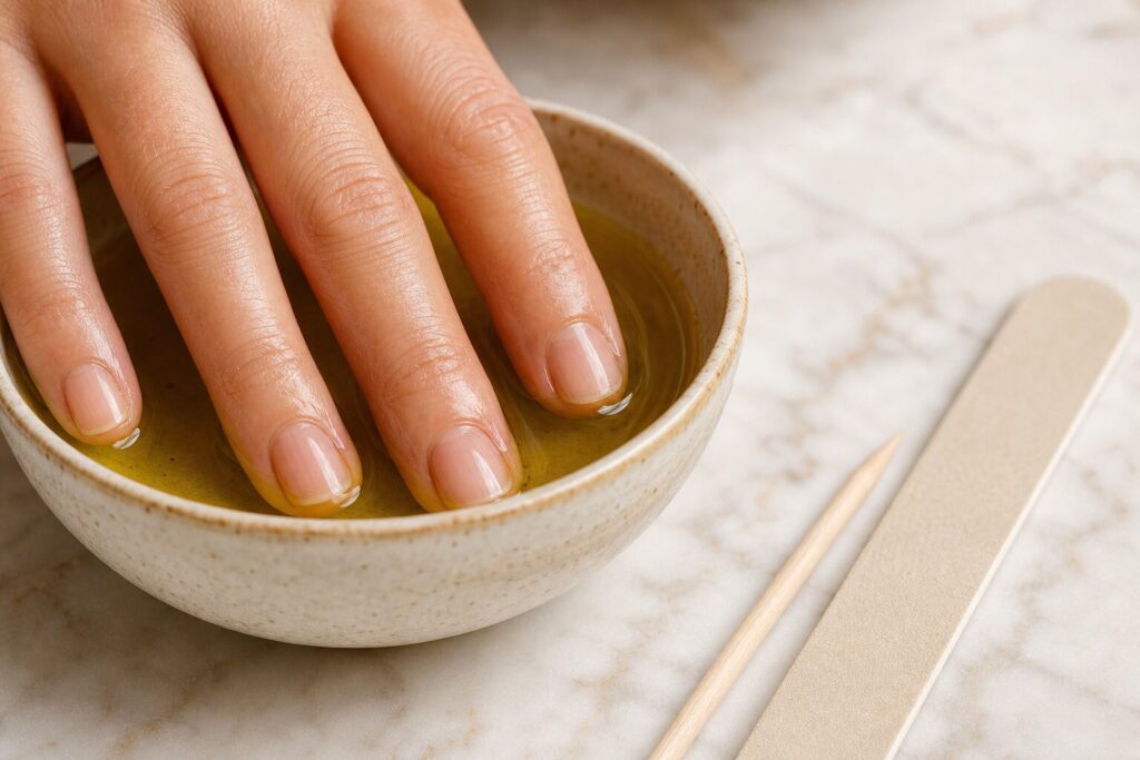Weekly warm oil soak as part of a nail care routine for natural nails