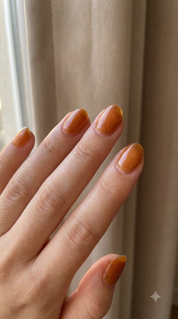 Short oval nails with translucent amber jelly glass polish