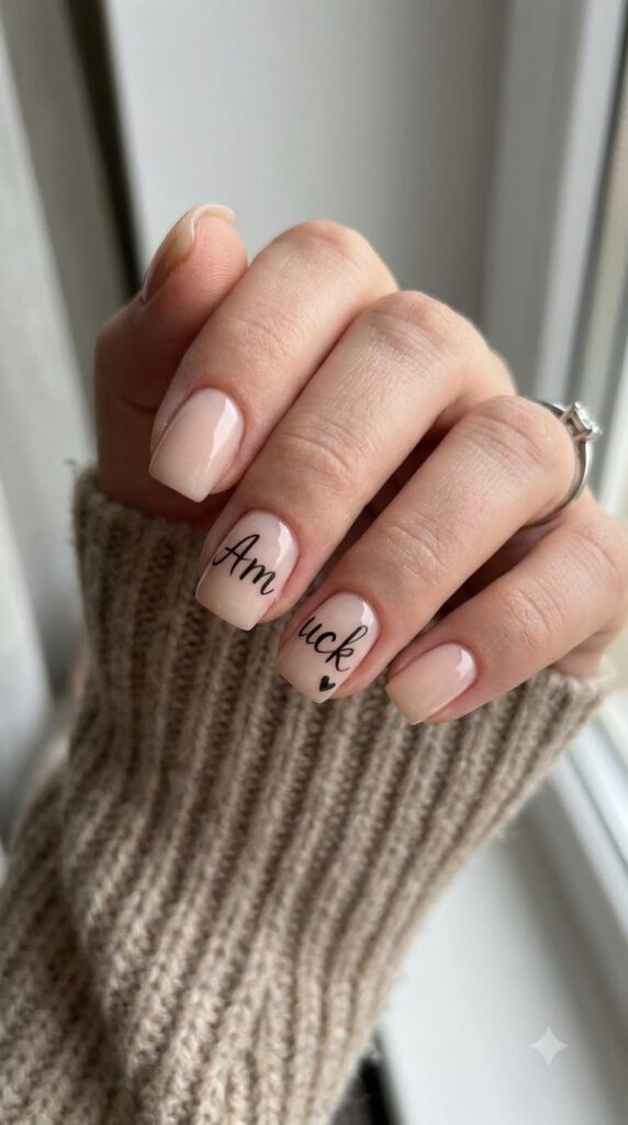 Short squoval nude nails with black script lettering spelling Amuck