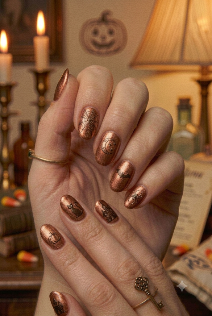 Short almond nails with soft antique copper warm shimmer polish