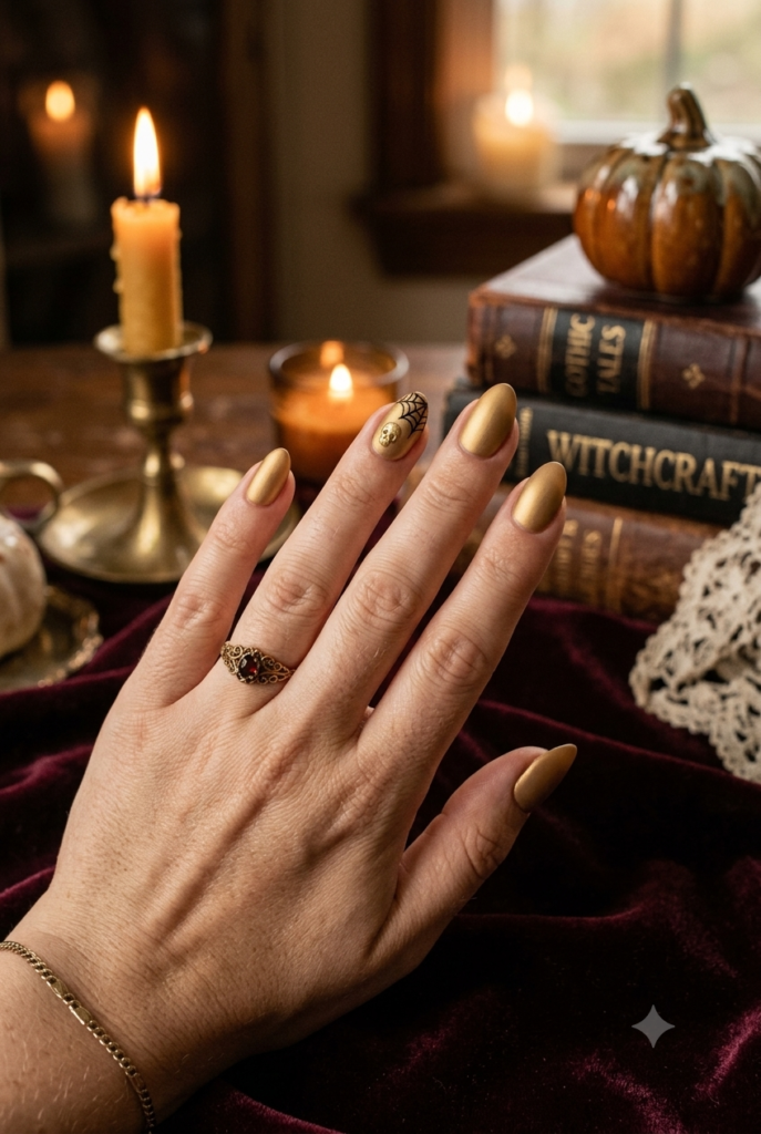 Short almond nails with soft antique gold matte vintage polish