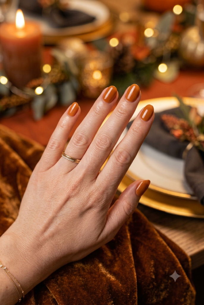 Short oval nails with soft antique orange glossy vintage polish
