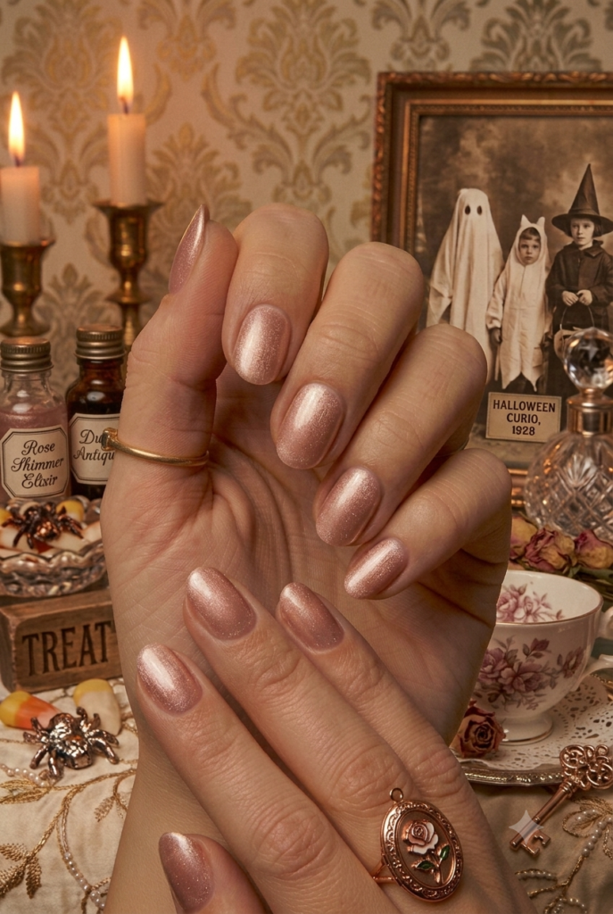 Short almond nails with soft antique rose gold warm shimmer polish