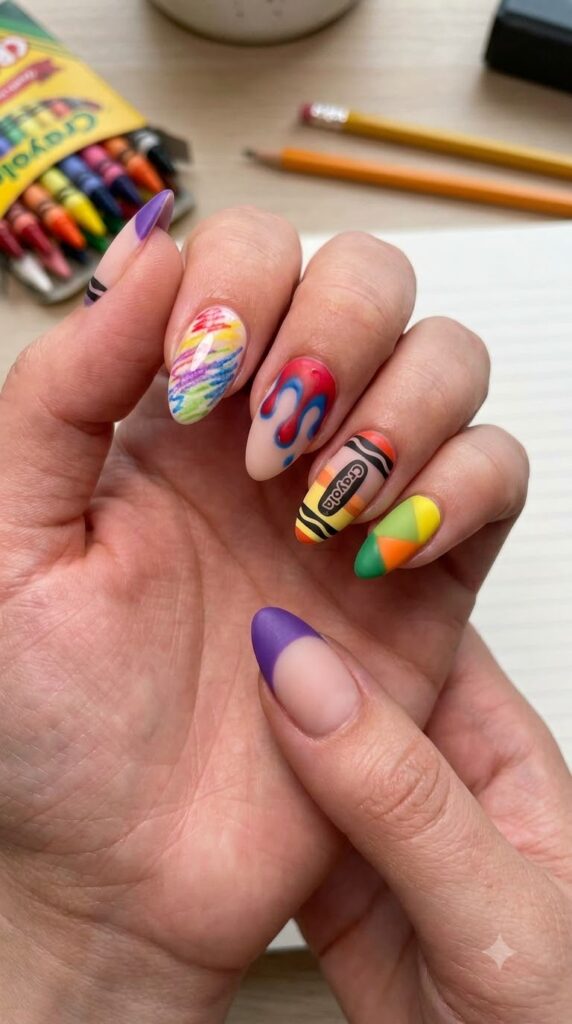 Mixed crayon-inspired nail designs for a fun school manicure