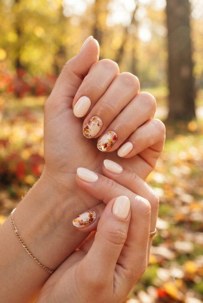 Short oval nails with cream base and orange red yellow leaf swirl accents