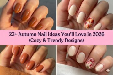 Collage of autumn nail ideas for 2026 with cozy trendy fall designs