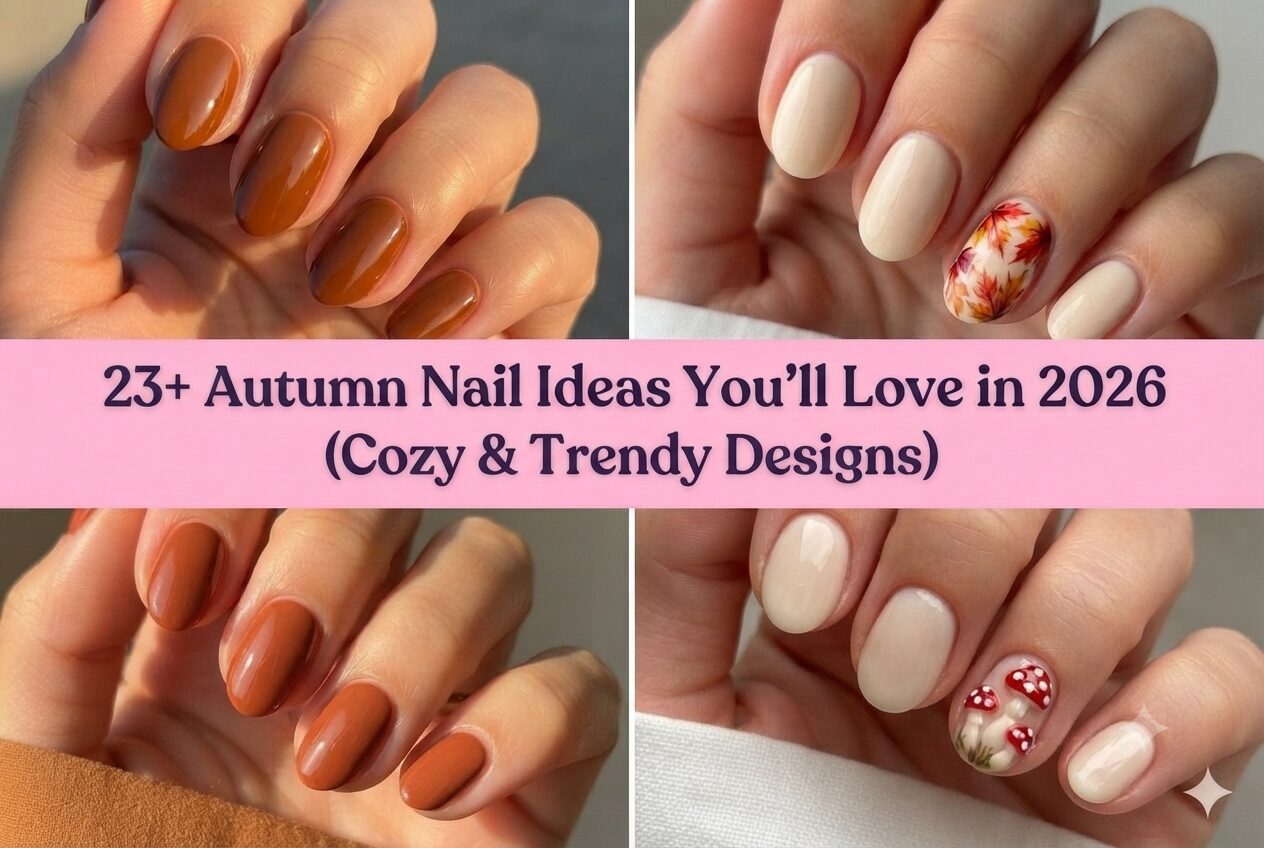 Collage of autumn nail ideas for 2026 with cozy trendy fall designs