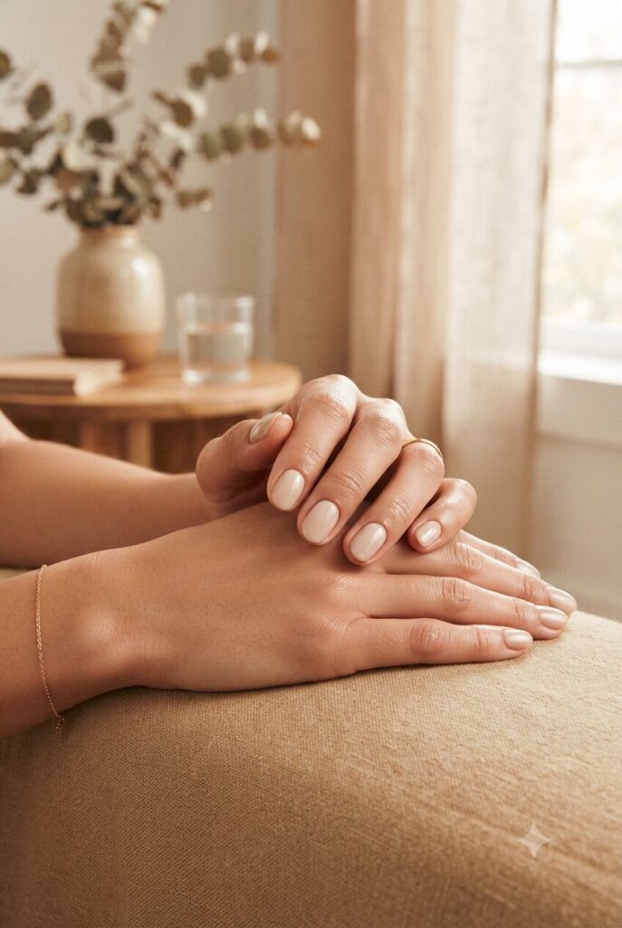 Short natural nails with glossy soft beige creamy polish