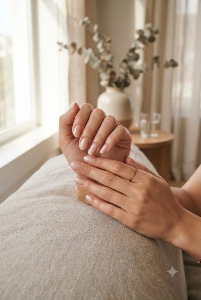 Short natural nails with ultra-sheer nude glazed glossy polish