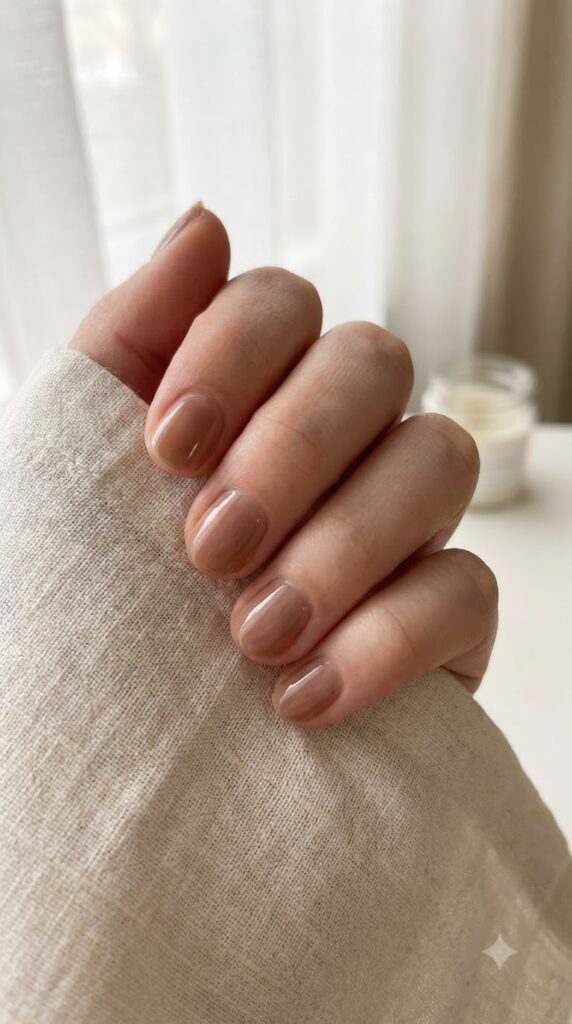 Natural nails with sheer glossy warm taupe neutral polish