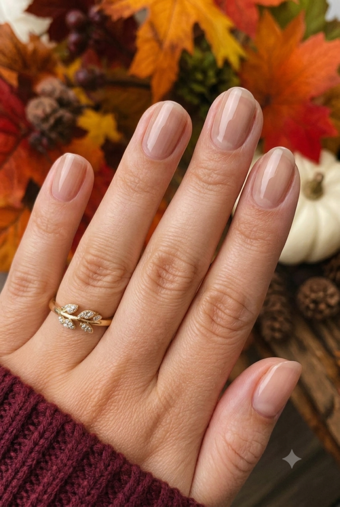 Short natural nails with sheer glossy warm taupe neutral polish