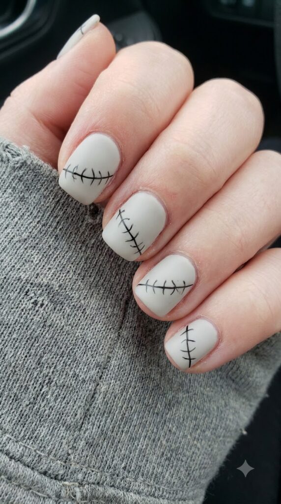 Short square grey matte nails with black skeleton mouth stitches