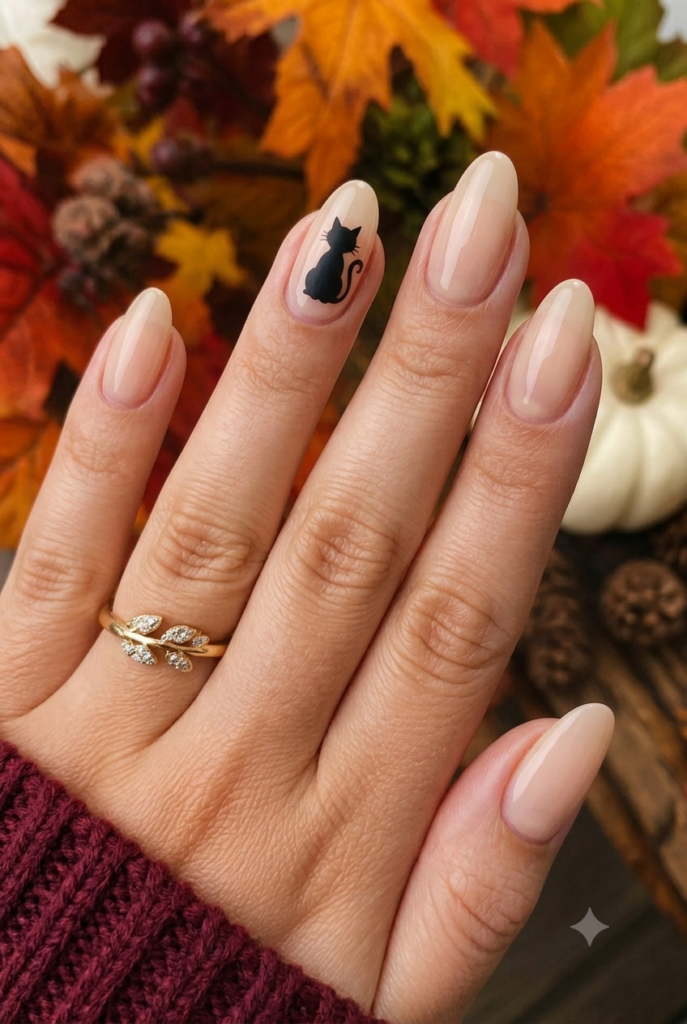 Almond nails with nude base and black cat silhouette accent