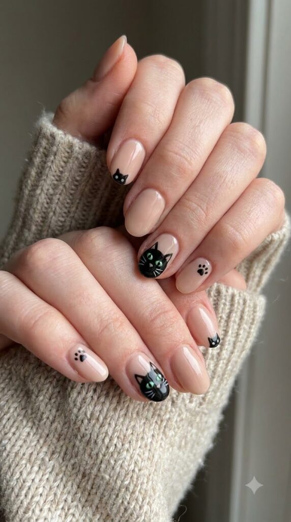 Short oval nude nails with black cat face and glowing green eyes