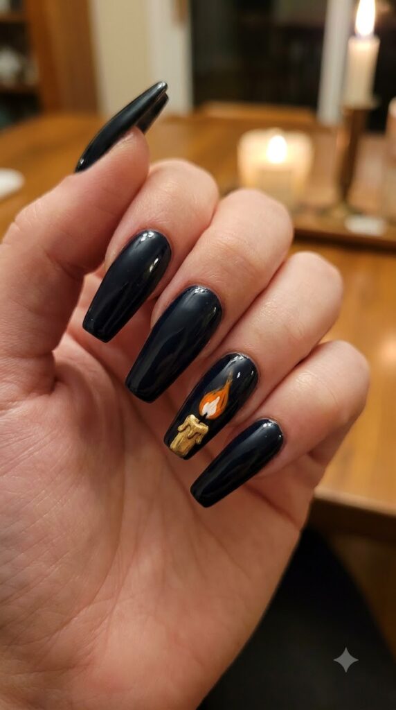 Coffin black nails with flickering orange black flame candle art