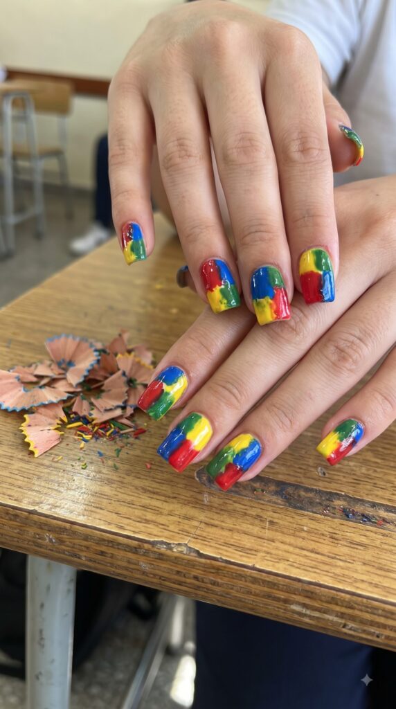 Bold broken crayon color block nails in bright school shades