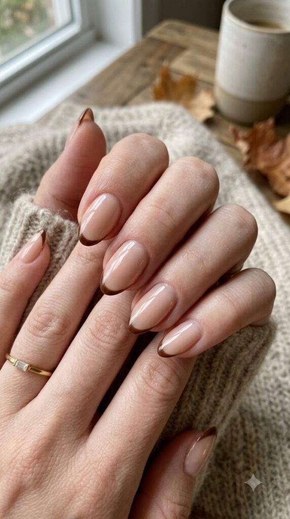 Sheer nude nails with thin brown micro French tips