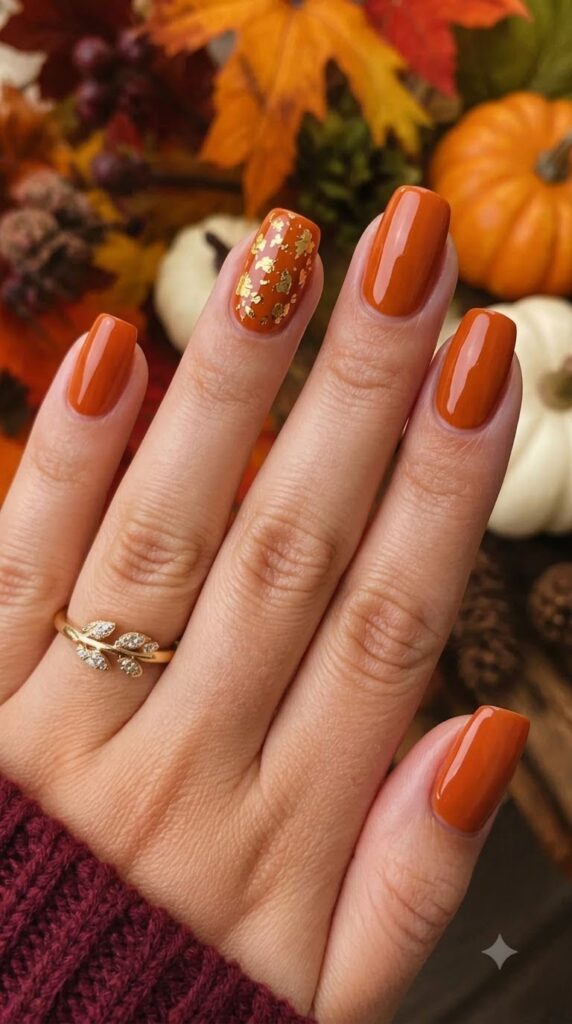 Short squoval nails with burnt orange polish and gold leaf foil