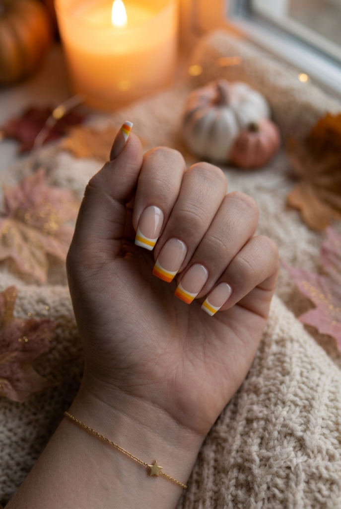 Short square nails with clean nude base and candy corn French tips