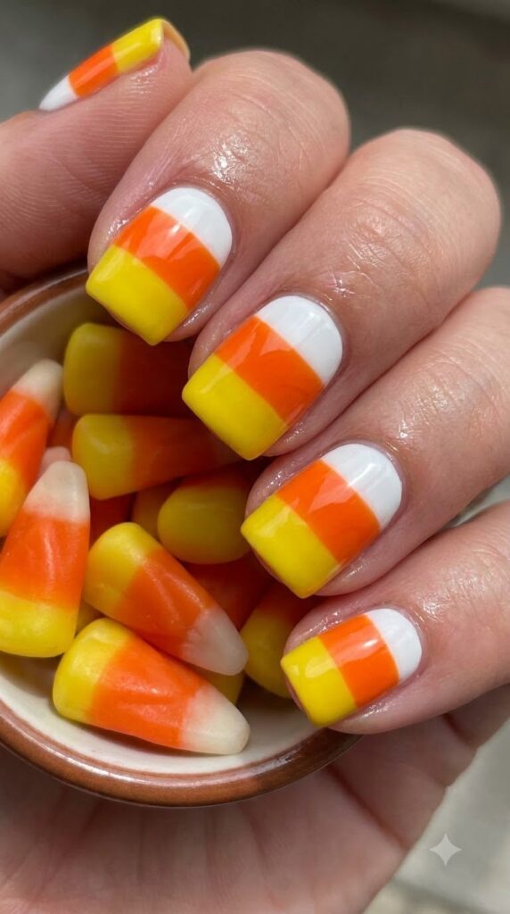 Short square nails with yellow orange and white candy corn stripes