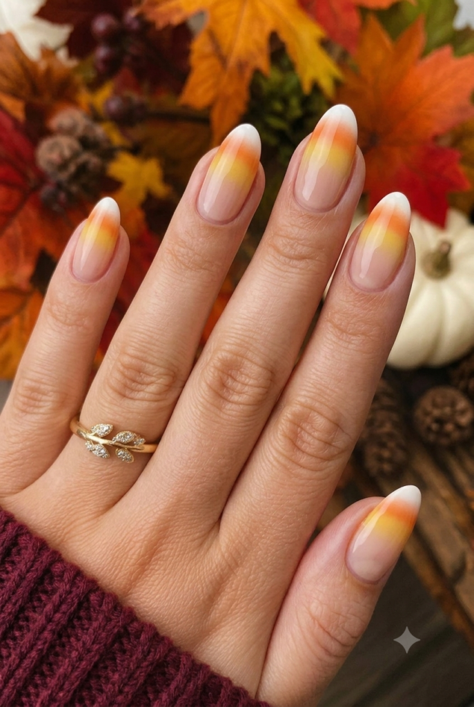 Almond nails with yellow, orange, and white candy corn ombre tips