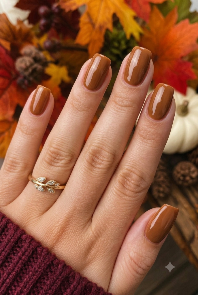 Short squoval nails with glossy warm caramel brown polish