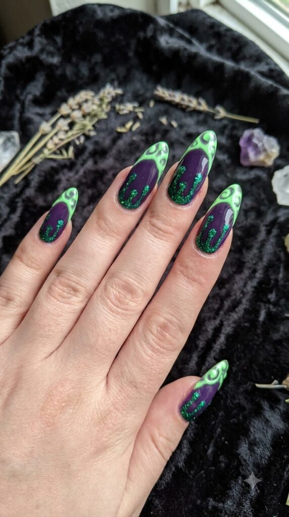 Almond purple nails with neon green bubbling potion drip tips