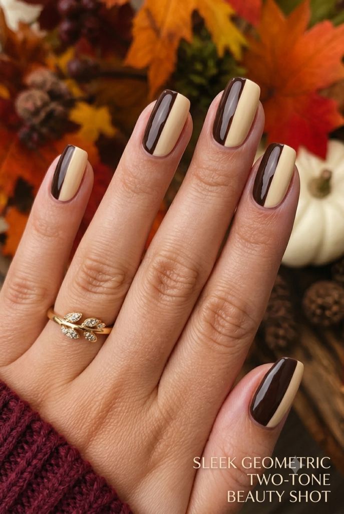 Short squoval nails split with chocolate brown and cream polish