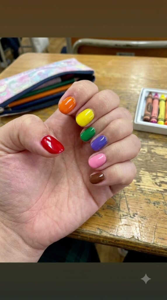 Short nails painted in classic crayon box colors