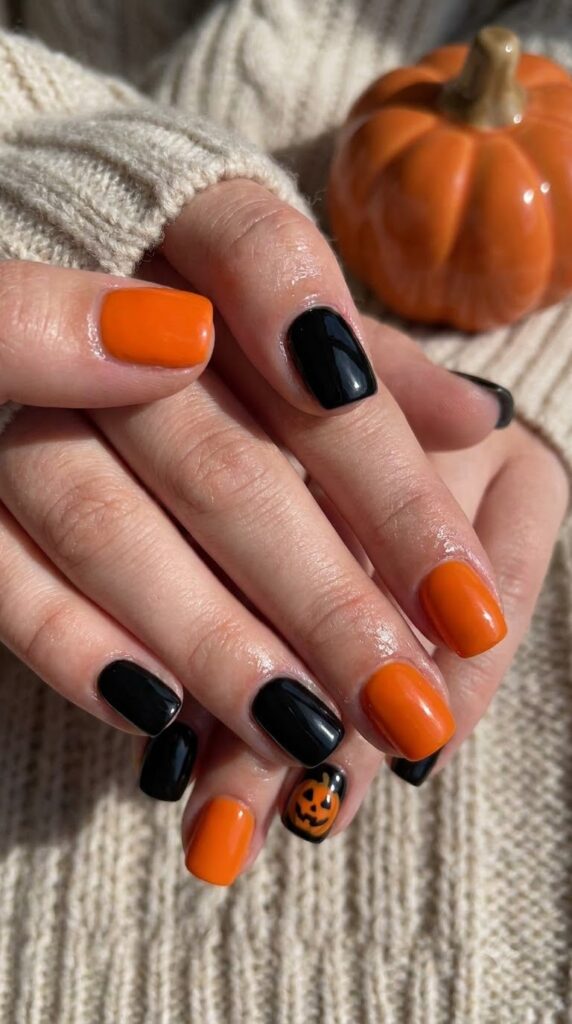 Short square nails with classic black and orange Halloween polish