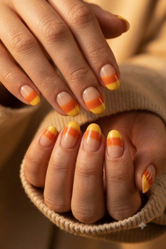 Short oval nails with vintage candy corn stripes in yellow orange cream