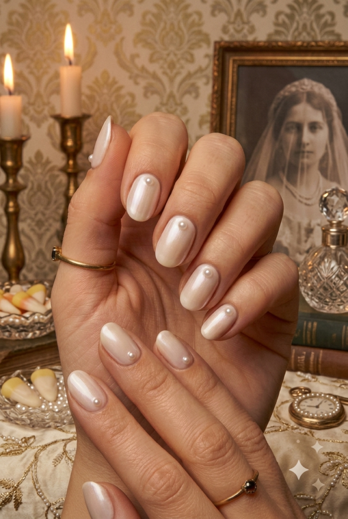 Short almond nails with soft ivory polish and tiny pearl accents