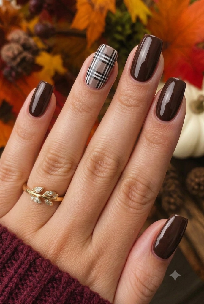 Squoval nails with brown polish and black white plaid accent