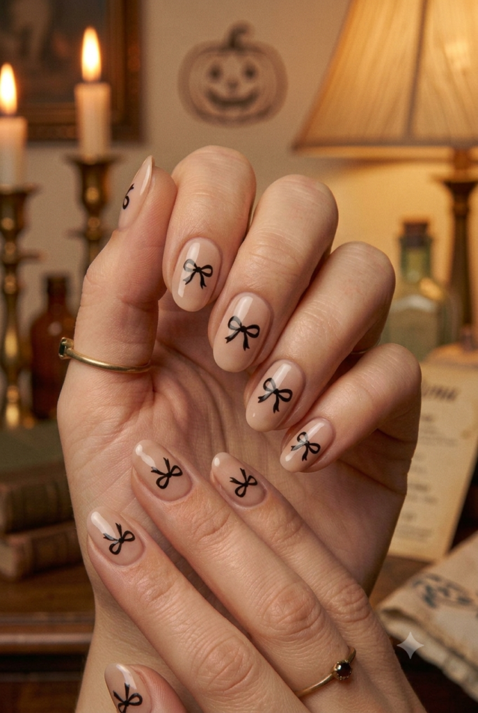 Short oval nails with soft nude base and tiny black bow accents