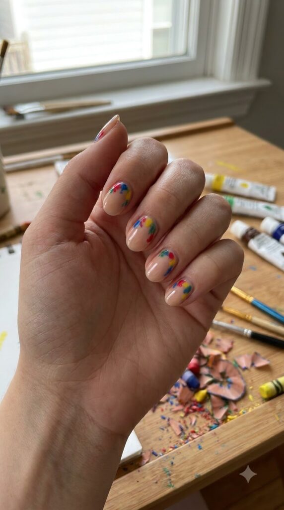 Nude nails with bright color splash accents near the cuticle