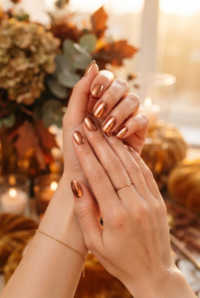 Short almond nails with glossy warm copper chrome mirror polish